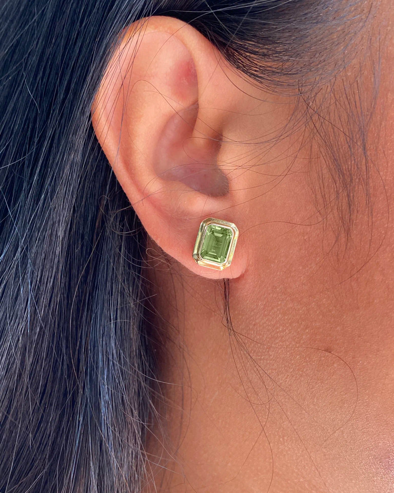Prasiolite Emerald Cut Bezel Set Stud Earrings (2.70 cts)