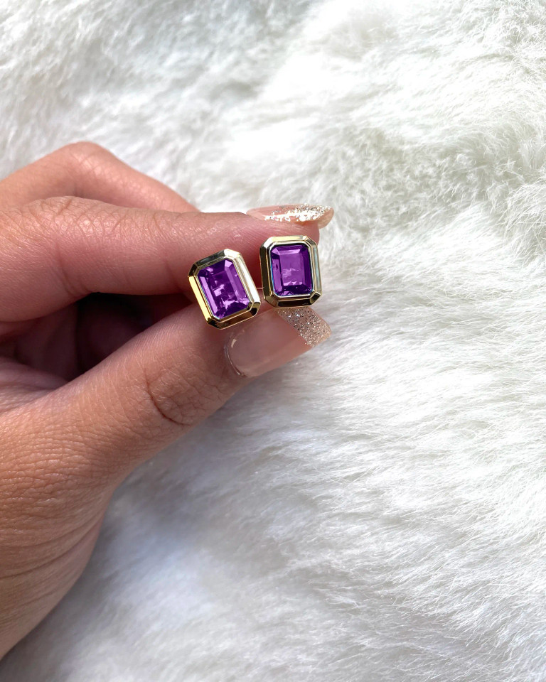 Amethyst Emerald Cut Bezel Set Stud Earrings