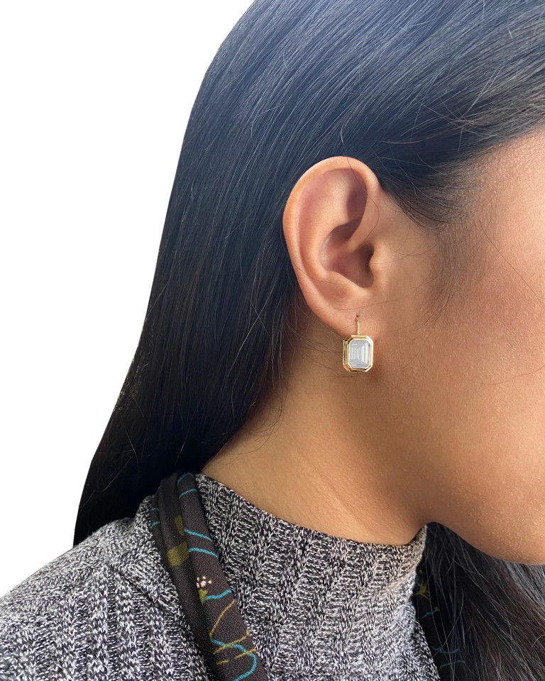 Moon Quartz Emerald Cut Bezel Set Earrings