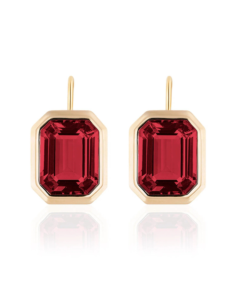 Garnet Emerald Cut Bezel Set Earrings
