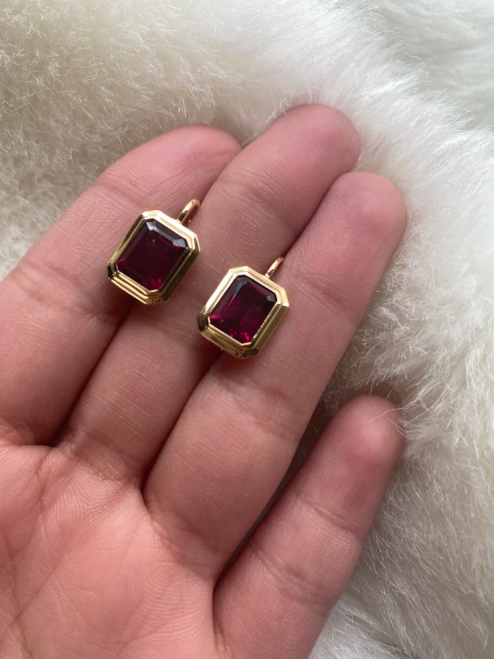 Garnet Emerald Cut Bezel Set Earrings