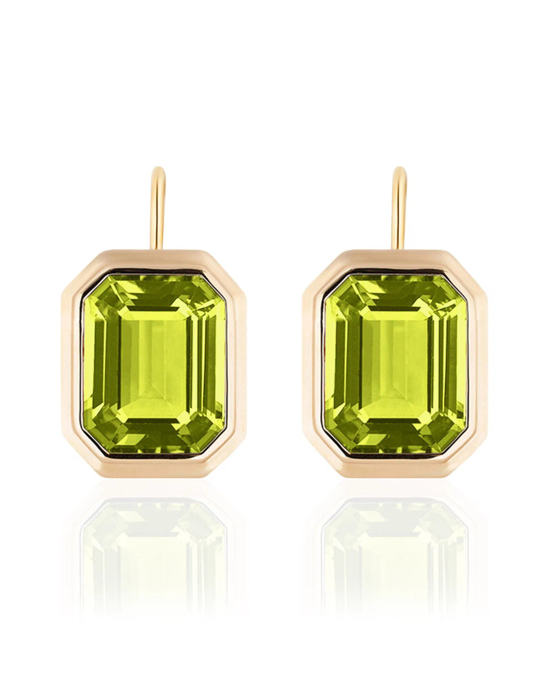 Peridot Emerald Cut Bezel Set Earrings