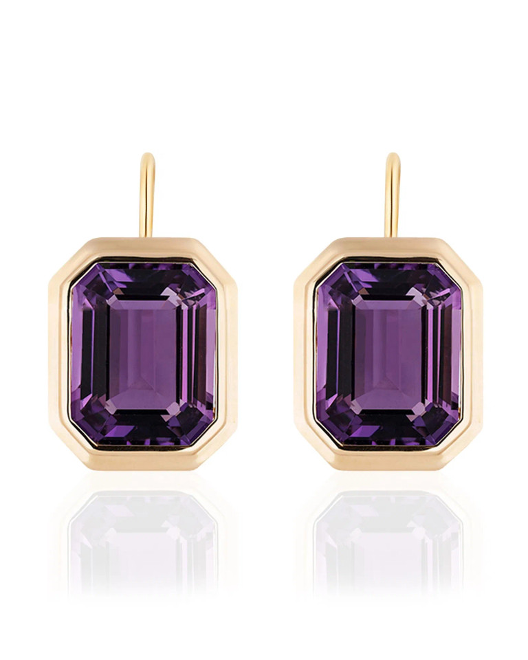Amethyst Emerald Cut Bezel Set Earrings