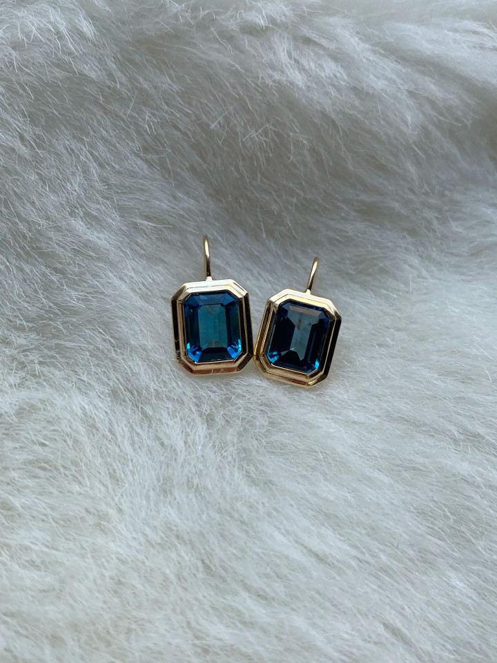 London Blue Topaz Emerald Cut Bezel Set Earrings