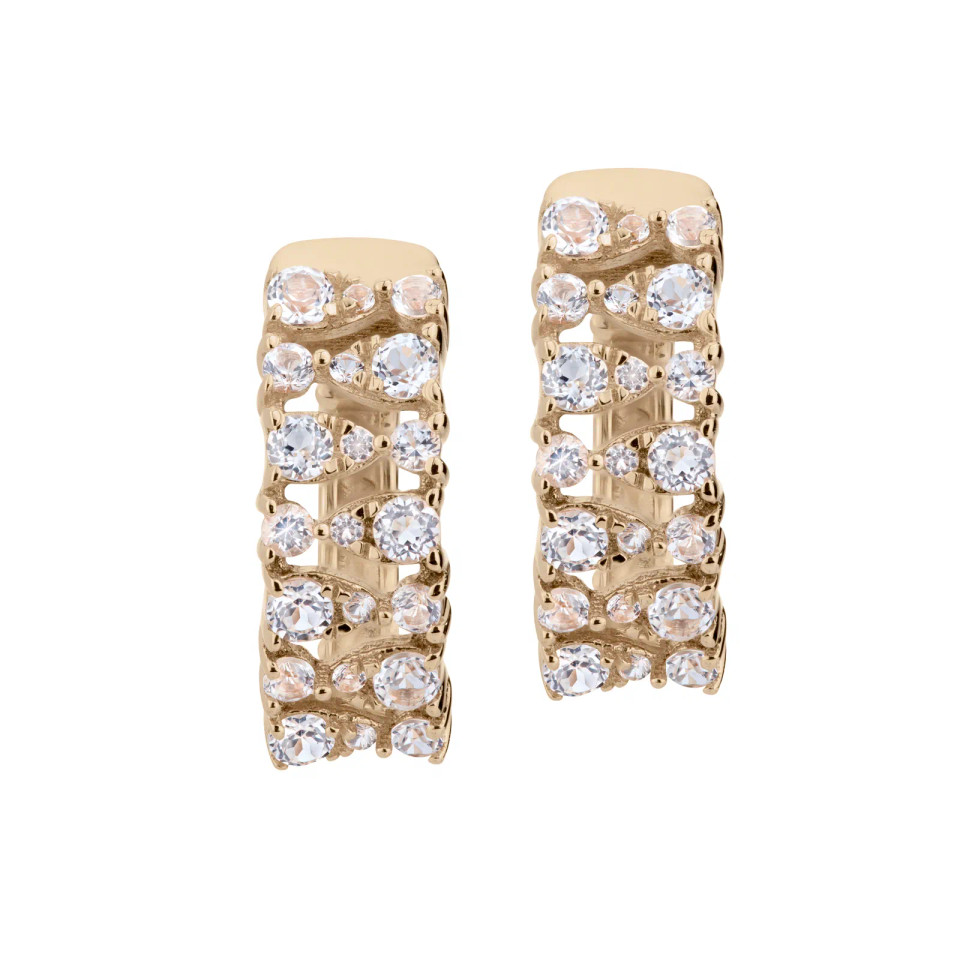 14K Yellow Gold White Topaz Hoop Earrings