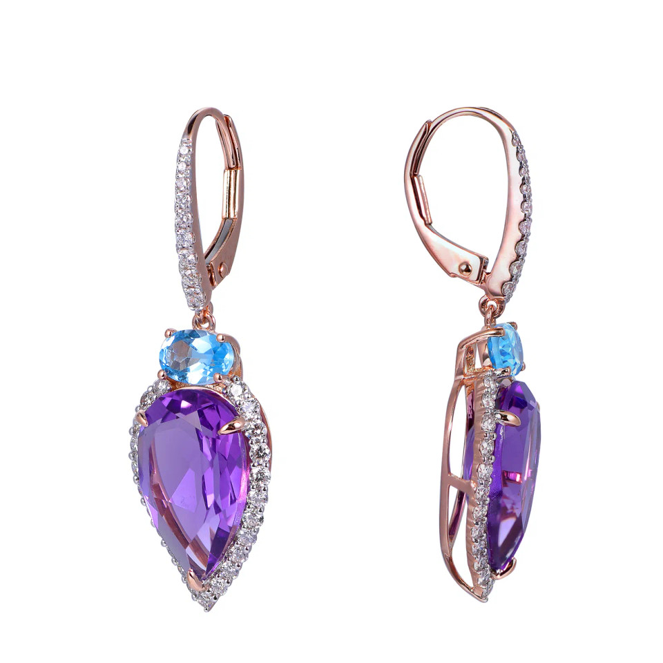 18K Rose Gold Pear Cut Amethyst and Swiss Blue Topaz with 3/4 ct.tw. Diamond Earrings
