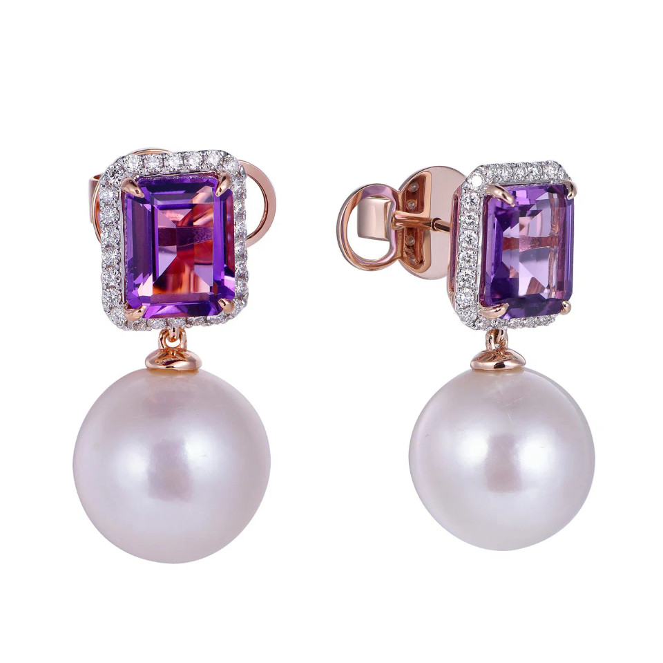 18K Rose Gold Octagon Cut Amethyst & Pearl with 3/8 ct.tw. Diamond Earrings