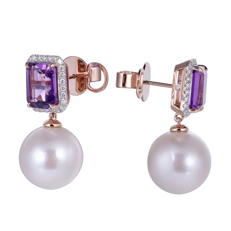 18K Rose Gold Octagon Cut Amethyst & Pearl with 3/8 ct.tw. Diamond Earrings