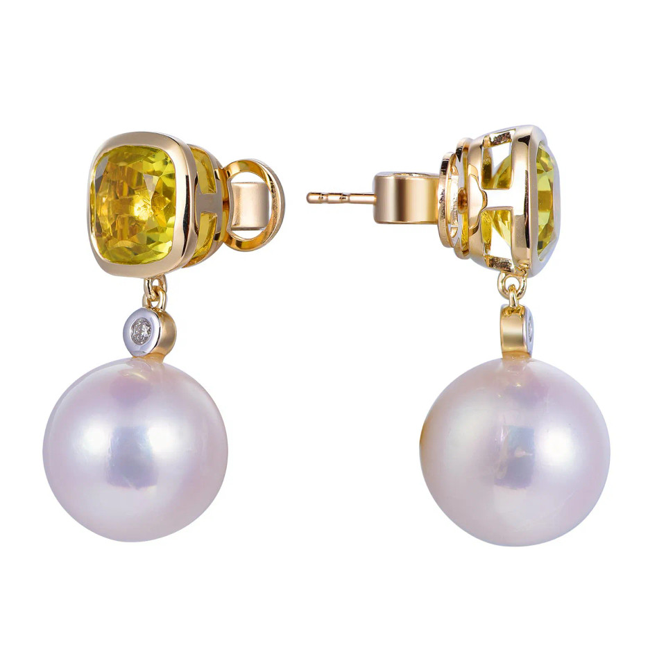 18K Yellow Gold Cushion Lemon Quartz & Pearl with 1/20 ct.tw. Diamond Earrings