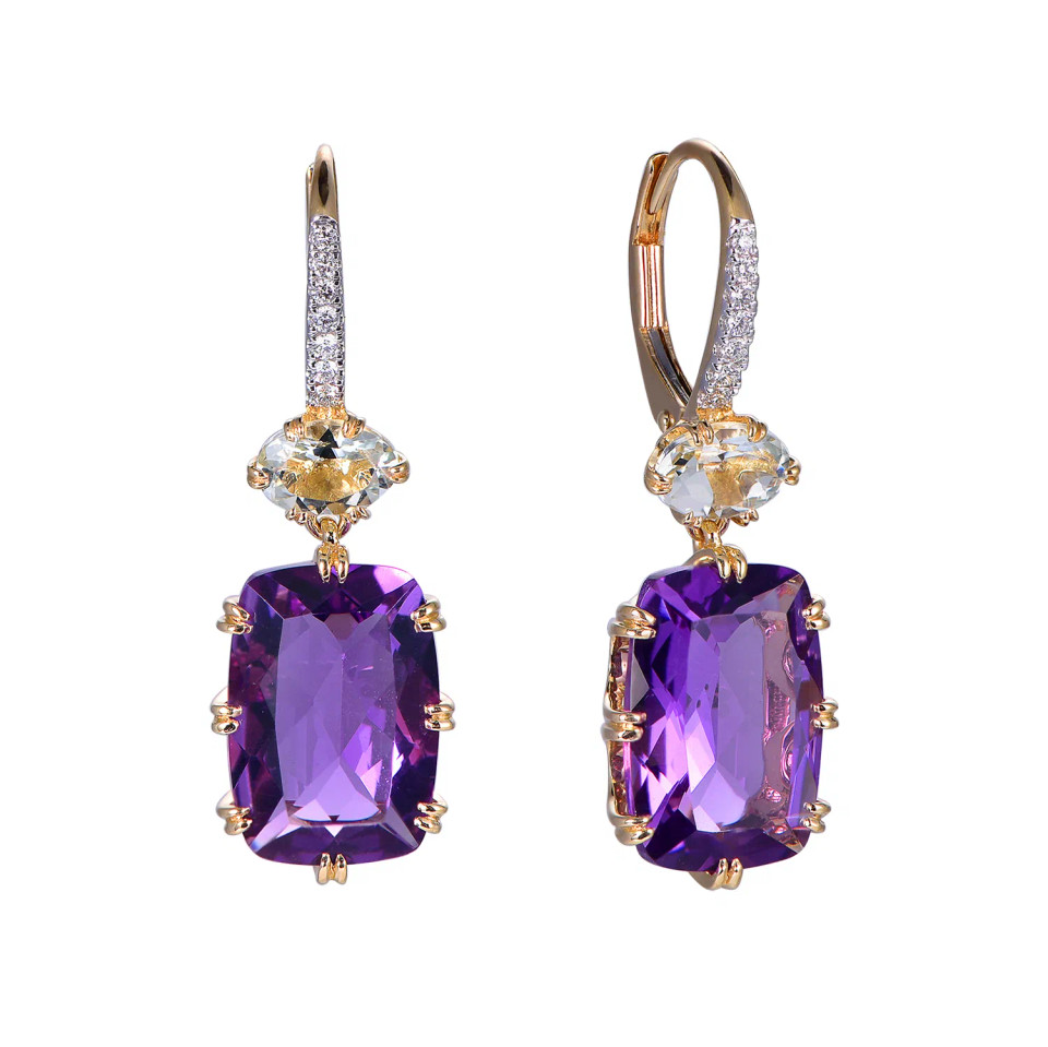 18K Yellow Gold Cushion Amethyst & Green Amethyst Accent with 1/10 ct.tw. Diamond Earrings