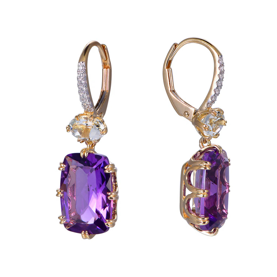18K Yellow Gold Cushion Amethyst & Green Amethyst Accent with 1/10 ct.tw. Diamond Earrings