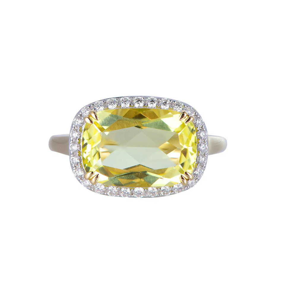 Lemon Quartz Cushion Cut Ring with Diamonds(0.30 ct.tw)