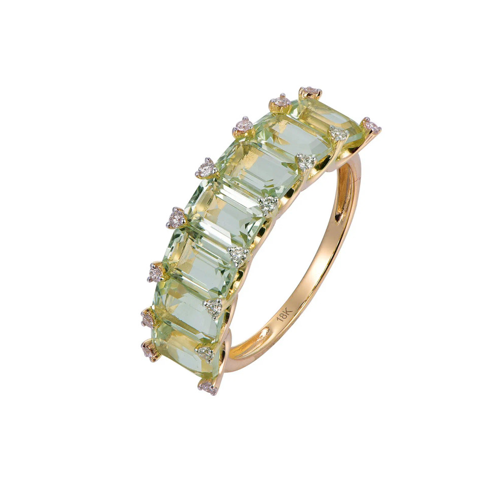 Green Amethyst Octagon Cut Ring with Diamonds(0.14 ct.tw)