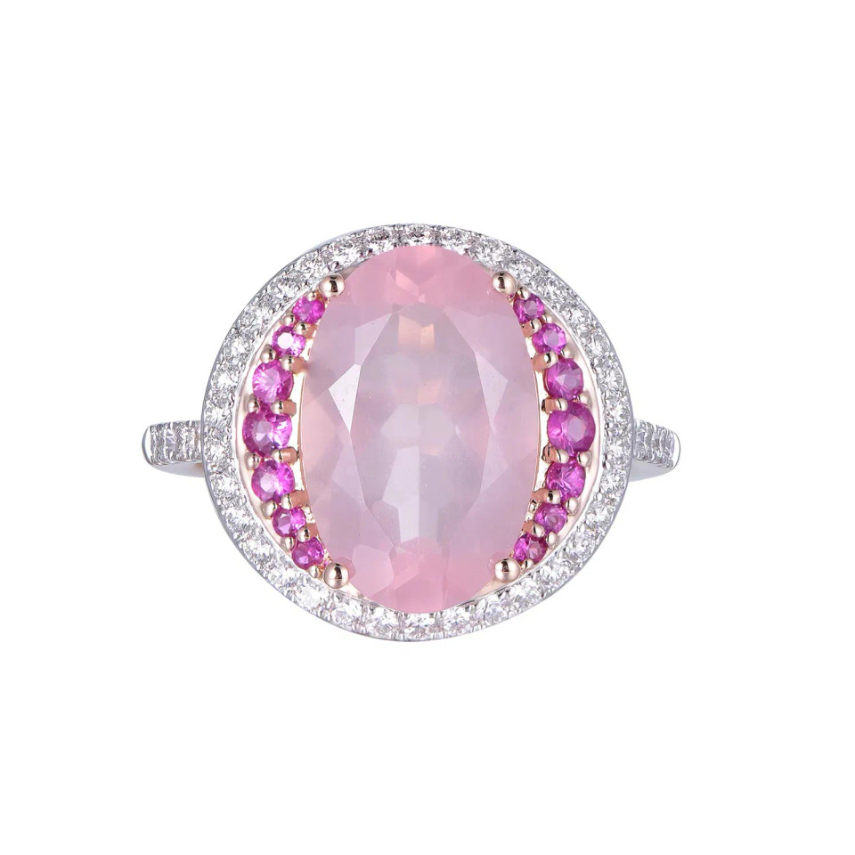 Rose Quartz Oval Cut Ring with Diamonds(0.46 ct.tw)