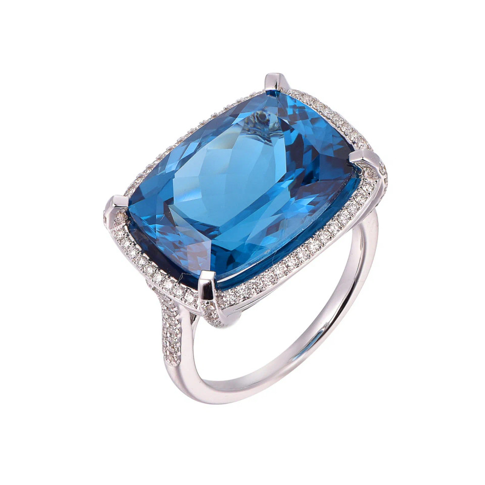 London Blue Topaz Cushion Cut Ring with Diamonds(0.46 ct.tw)