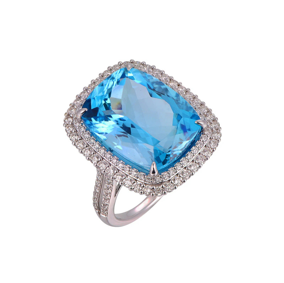 Swiss Blue Topaz Cushion Cut Ring with Diamonds(0.43 ct.tw)