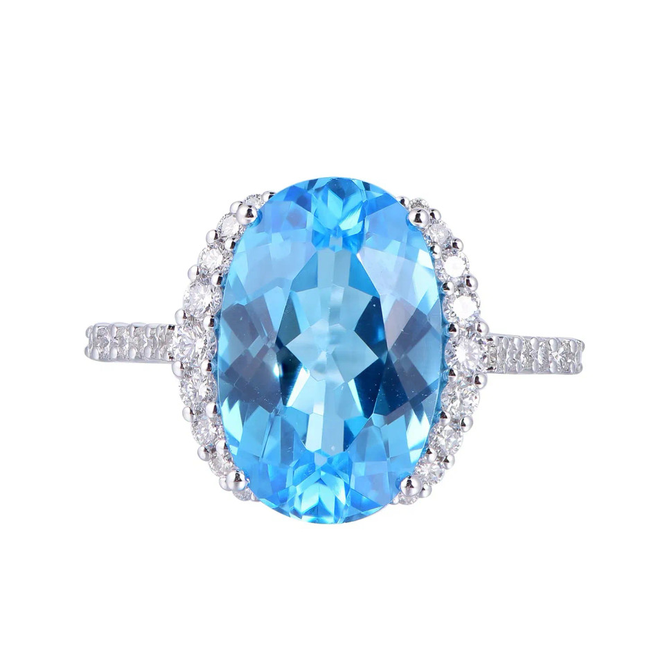 Swiss Blue Topaz Oval Cut Ring with Diamonds(0.02 ct.tw)