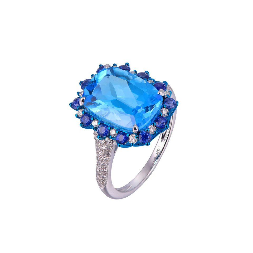 Swiss Blue Topaz Cushion Cut Ring with Diamonds(0.18 ct.tw)