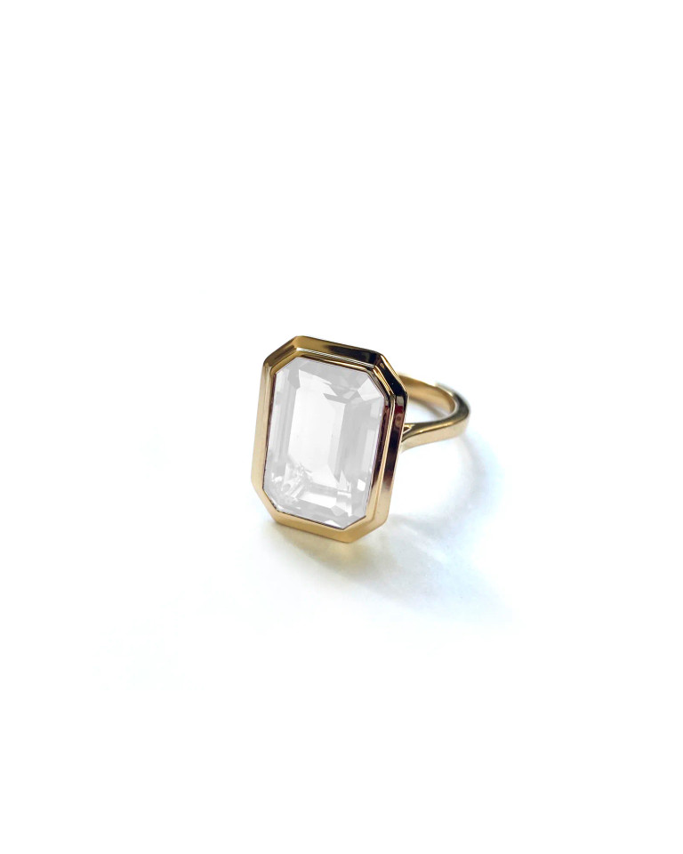 Moon Quartz Emerald Cut Bezel Set Plain Gold Ring (7.00 cts)