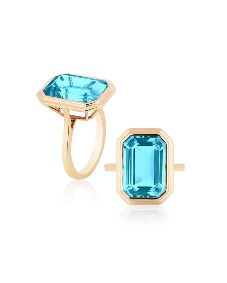 Blue Topaz Emerald Cut Bezel Set Plain Gold Ring (10.00 cts)