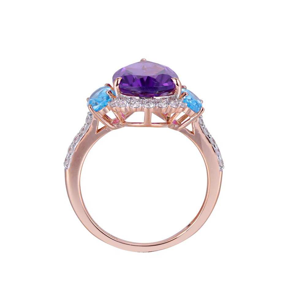 18K Rose Gold Pear Cut Amethyst and Swiss Blue Topaz Accent with 3/8 ct.tw. Diamond Ring