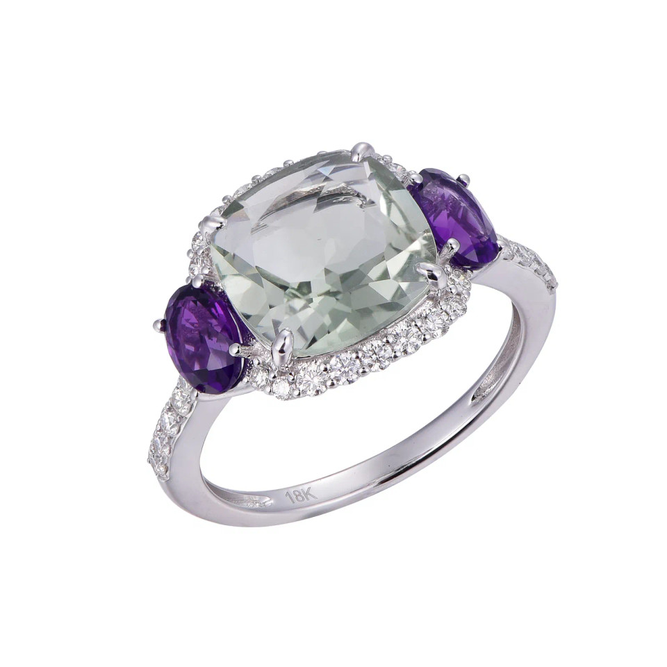 18K White Gold Cushion Cut Green Amethyst with 3/8 ct.tw. Diamond Ring