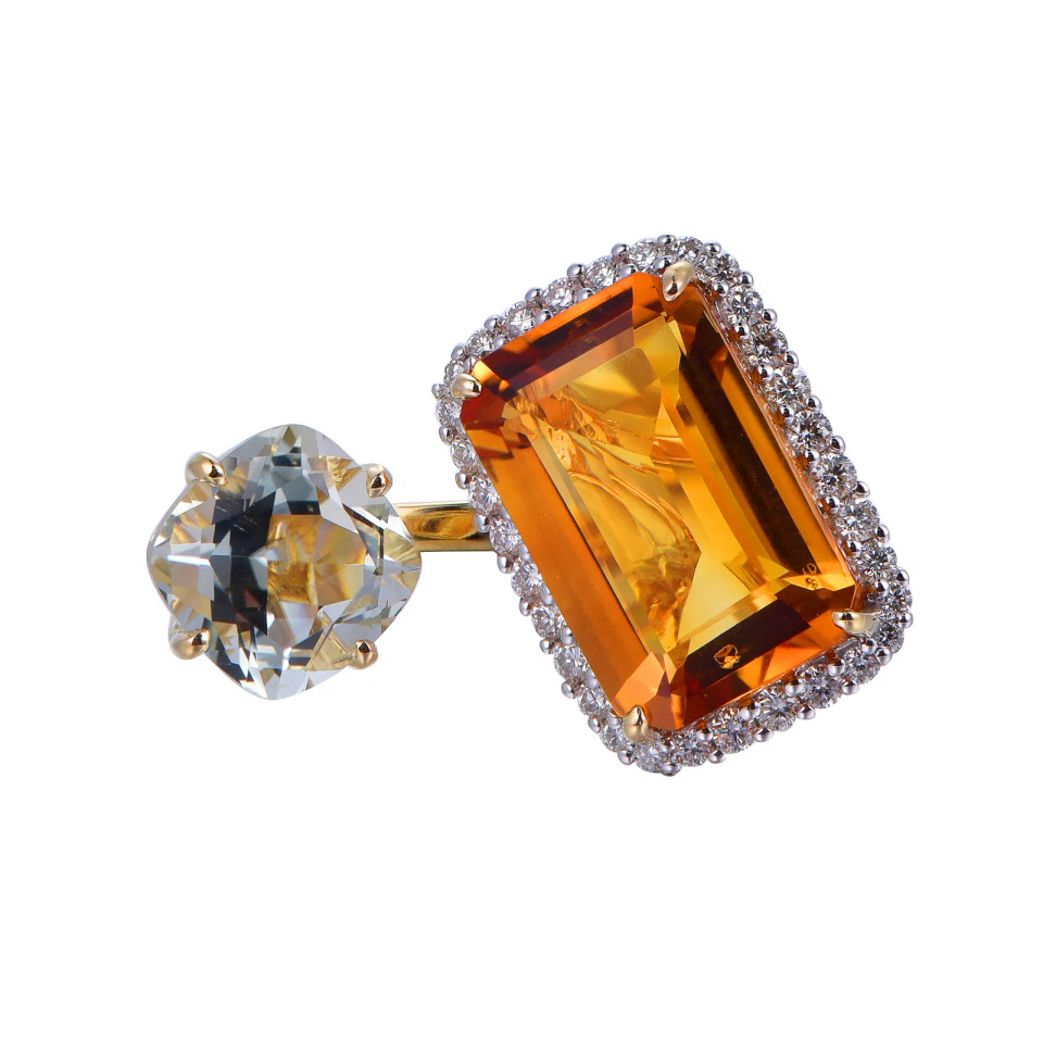 18K Yellow Gold Octagon Cut Citrine and Green Amethyst with 1/3 ct.tw. Diamond Ring