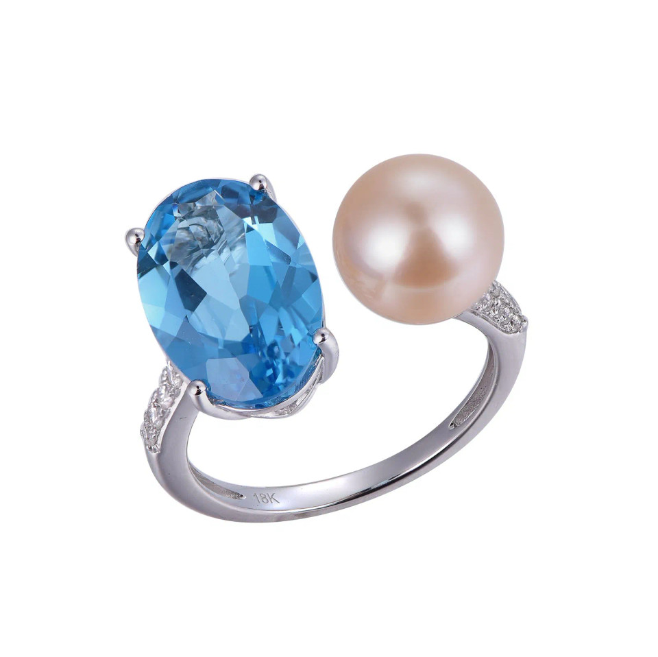 18K White Gold Oval Cut Swiss Blue Topaz and Pearls with 1/6 ct.tw. Diamond Ring
