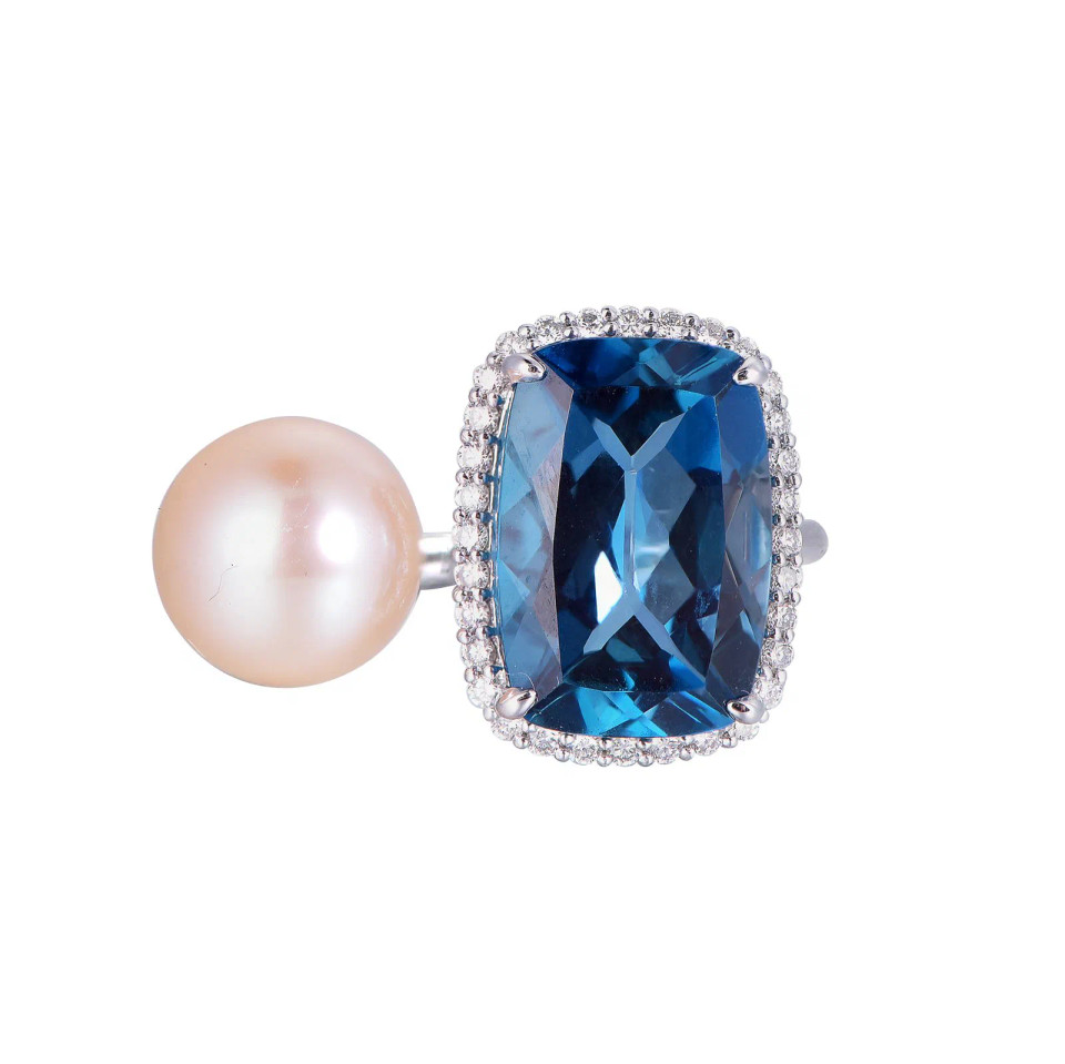 18K White Gold Cushion Cut London Blue Topaz and Pearl with 1/5 ct.tw. Diamond Ring
