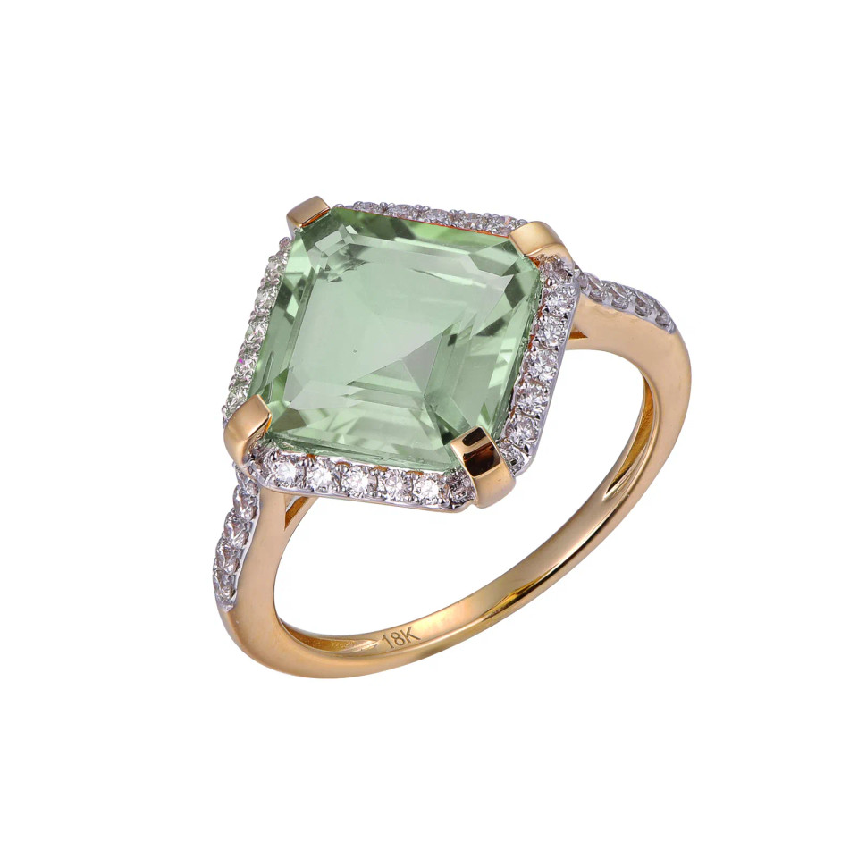 18K Yellow Gold Octagon Cut Green Amethyst Ring with 1/3 ct.tw. Diamond Ring