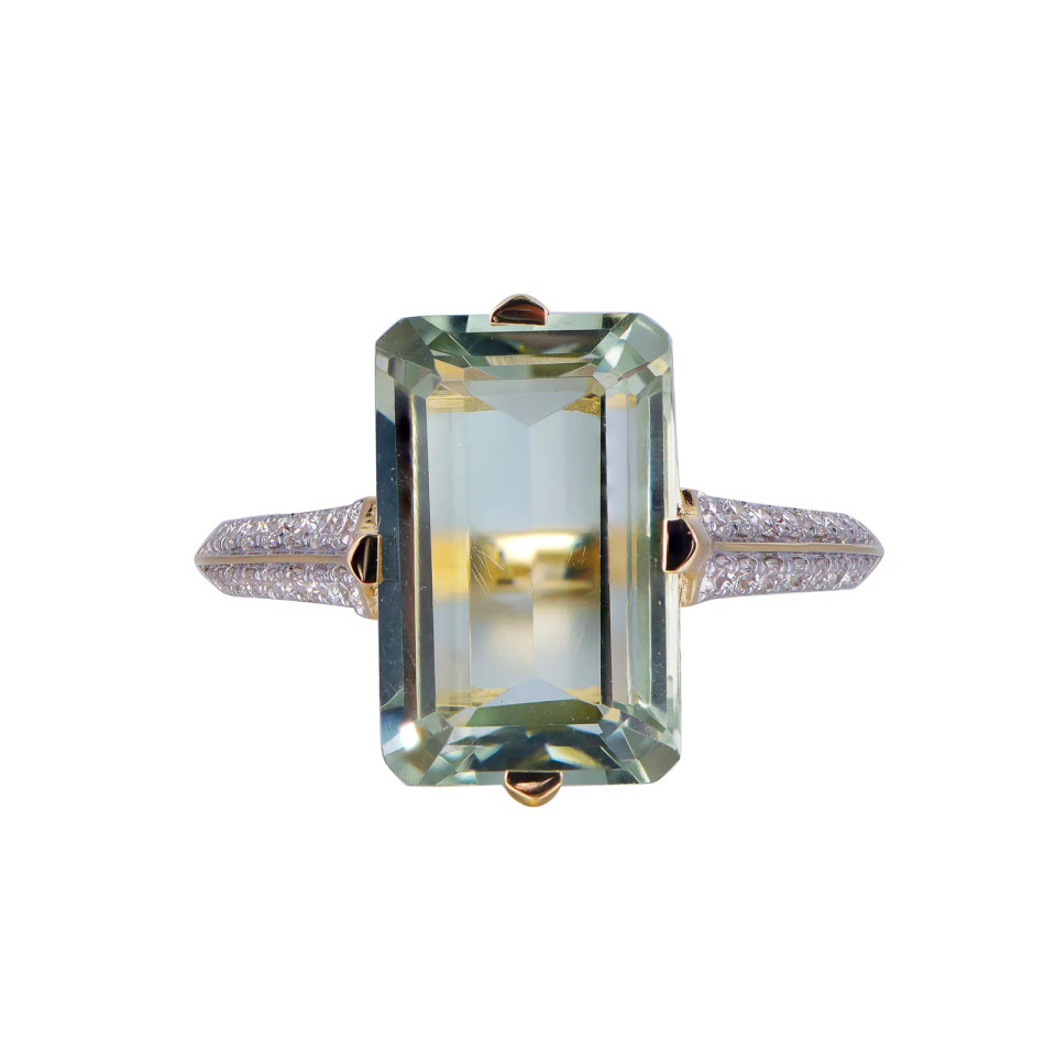 18K Yellow Gold Octagon Cut Green Amethyst with 1/4 ct.tw. Diamond Ring