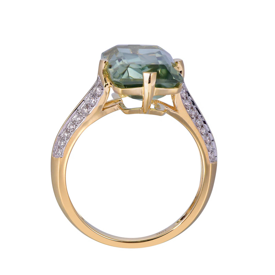 18K Yellow Gold Octagon Cut Green Amethyst with 1/4 ct.tw. Diamond Ring