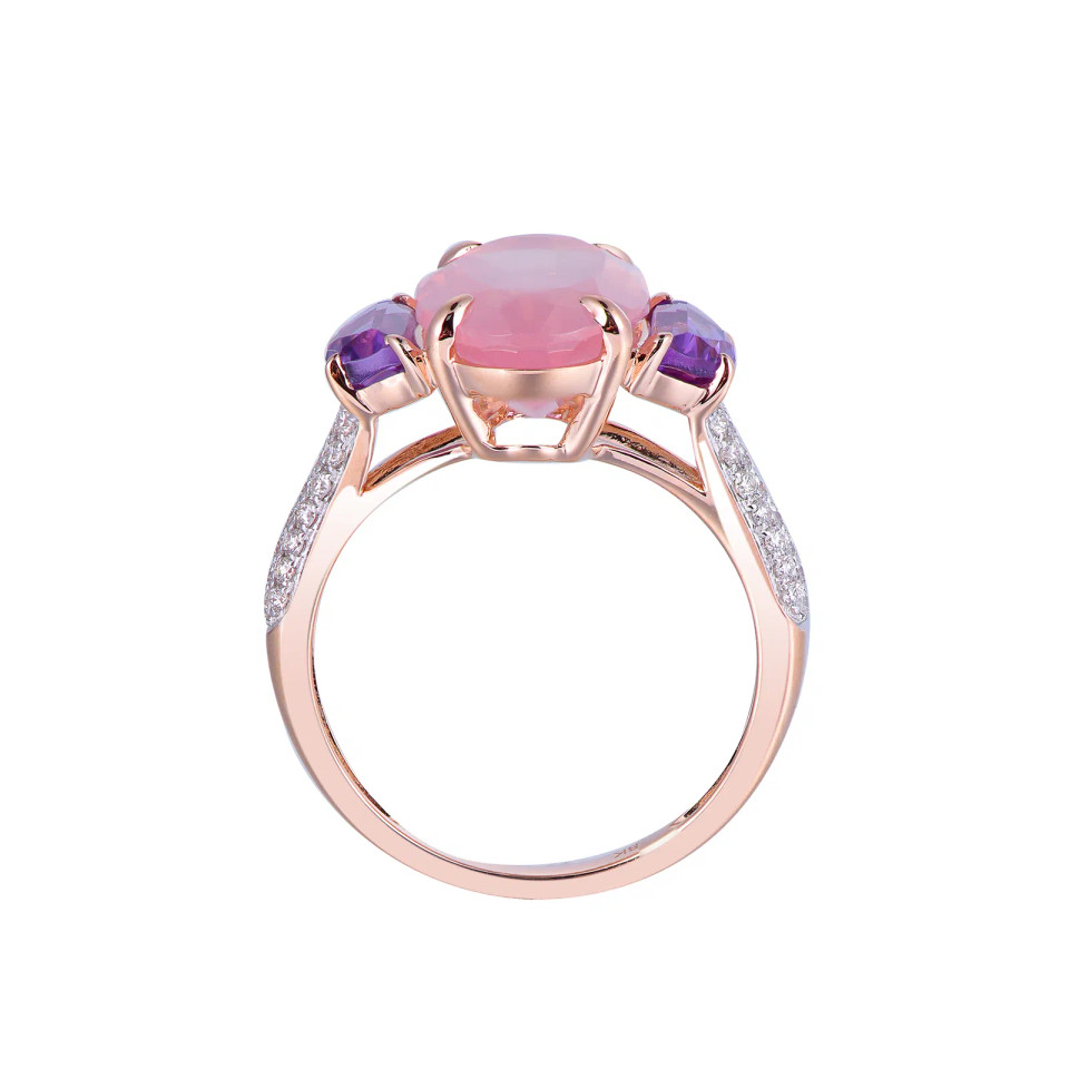18K Rose Gold Oval Cut Rose Quartz and Amethyst Accent with 1/4 ct.tw. Diamond Ring