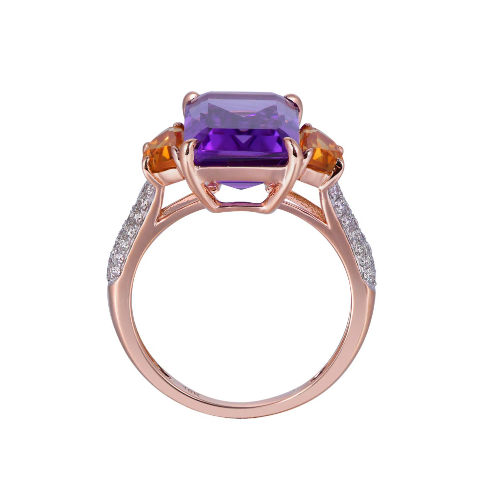 18K Rose Gold Octagon Cut Amethyst with Citrine Accent with 1/4 ct.tw. Diamond Ring