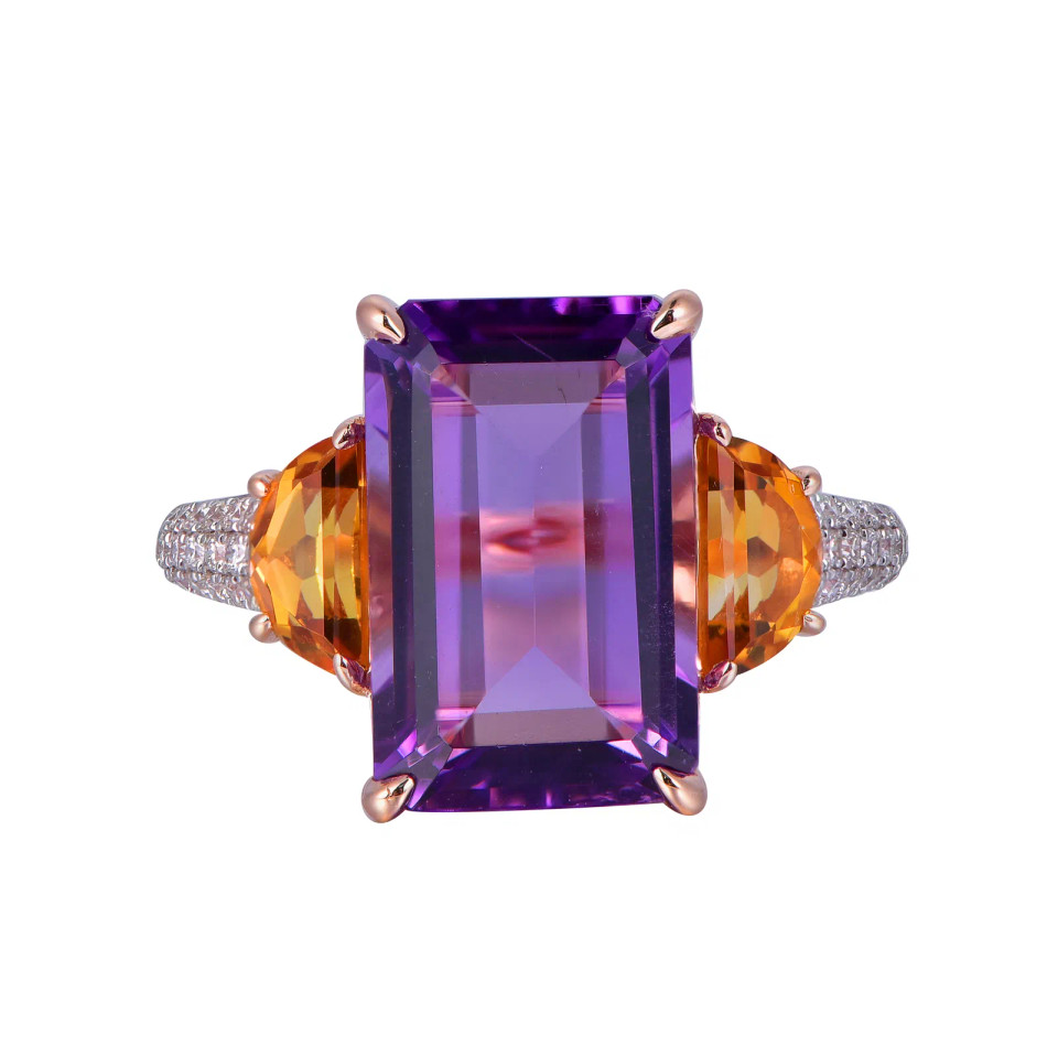 18K Rose Gold Octagon Cut Amethyst with Citrine Accent with 1/4 ct.tw. Diamond Ring