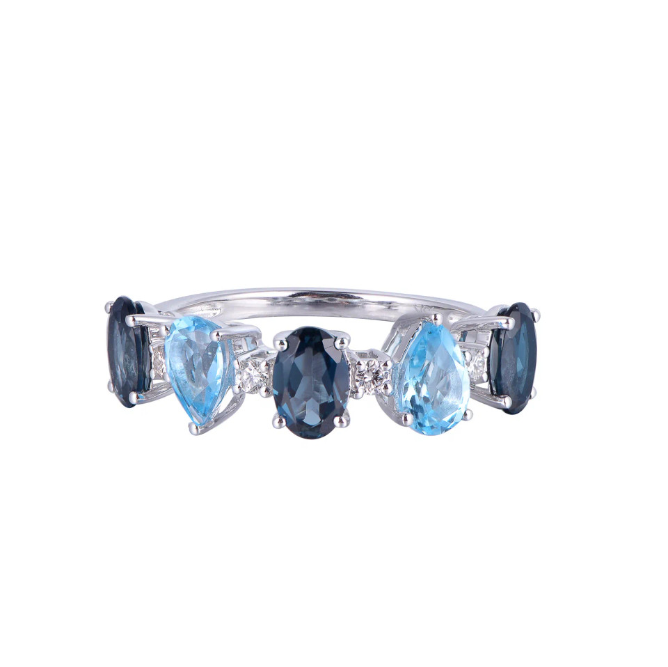 18K White Gold Pear Cut Swiss Blue & London Blue Topaz with 1/10 ct.tw, Diamond Ring
