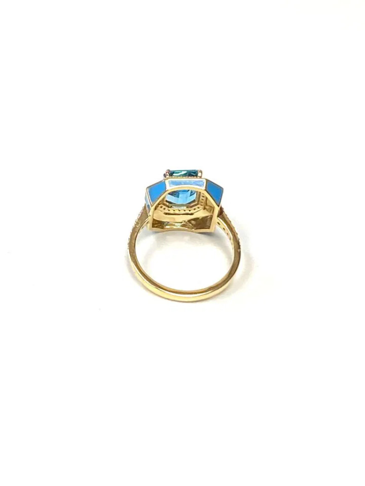 Blue Topaz Emerald Cut Ring with Turquoise Enamel and Diamonds (0.23 ct.tw.)