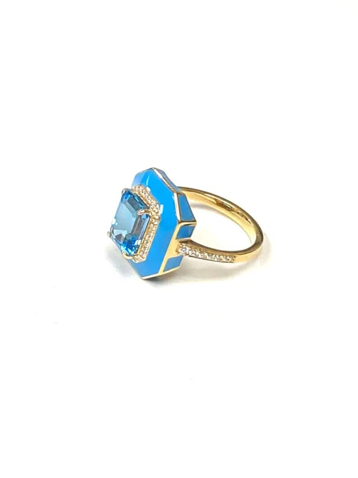 Blue Topaz Emerald Cut Ring with Turquoise Enamel and Diamonds (0.23 ct.tw.)