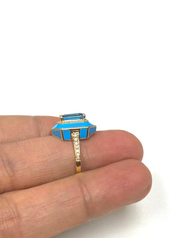 Blue Topaz Emerald Cut Ring with Turquoise Enamel and Diamonds (0.23 ct.tw.)