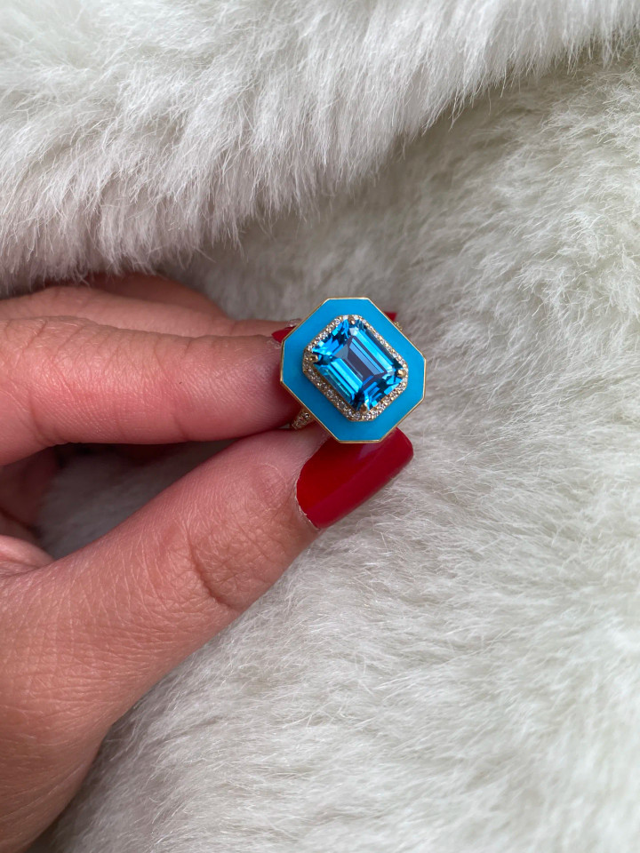 Blue Topaz Emerald Cut Ring with Turquoise Enamel and Diamonds (0.23 ct.tw.)