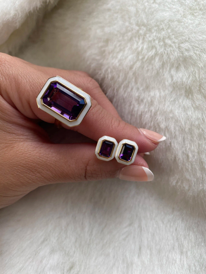 Amethyst Emerald Cut Ring with White Enamel