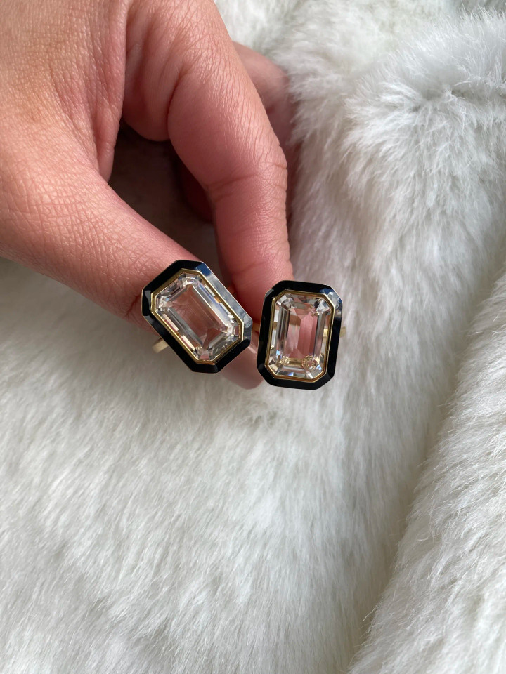 Rock Crystal Emerald Cut Ring With Black Enamel