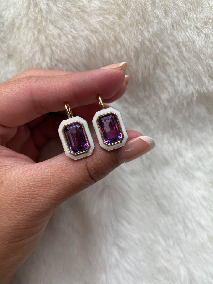 Amethyst  Emerald Cut Earring With White Enamel