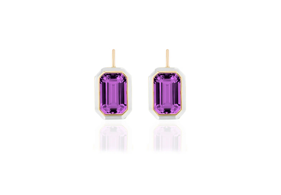 Amethyst  Emerald Cut Earring With White Enamel