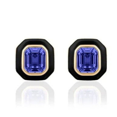 Tanzanite Emerald Cut Earrings With Black Enamel