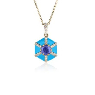 Hexagon Tanzanite Pendant With Diamonds And Turquoise Enamel (0.09 ct.tw.)