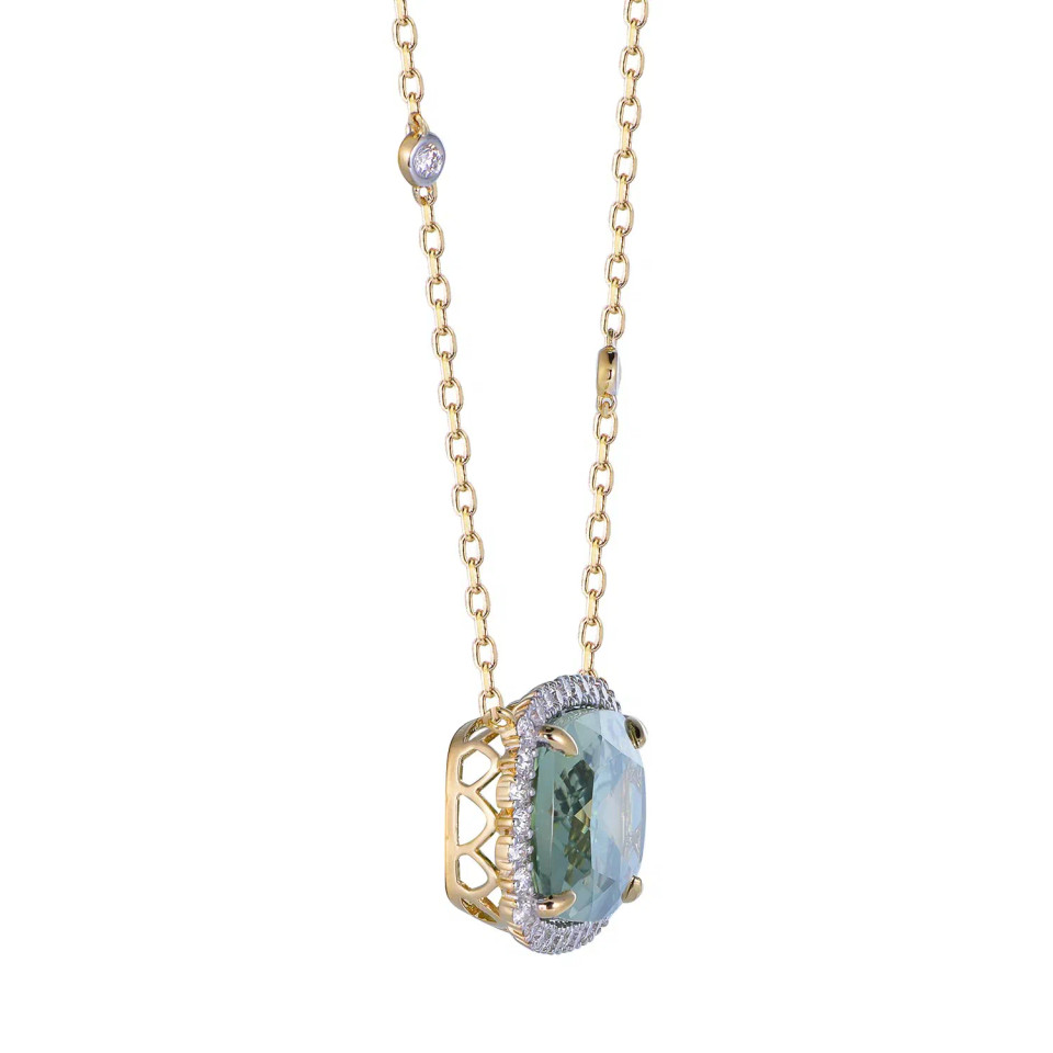Green Amethyst Cushion Cut Necklace with Diamonds(0.65 ct.tw.