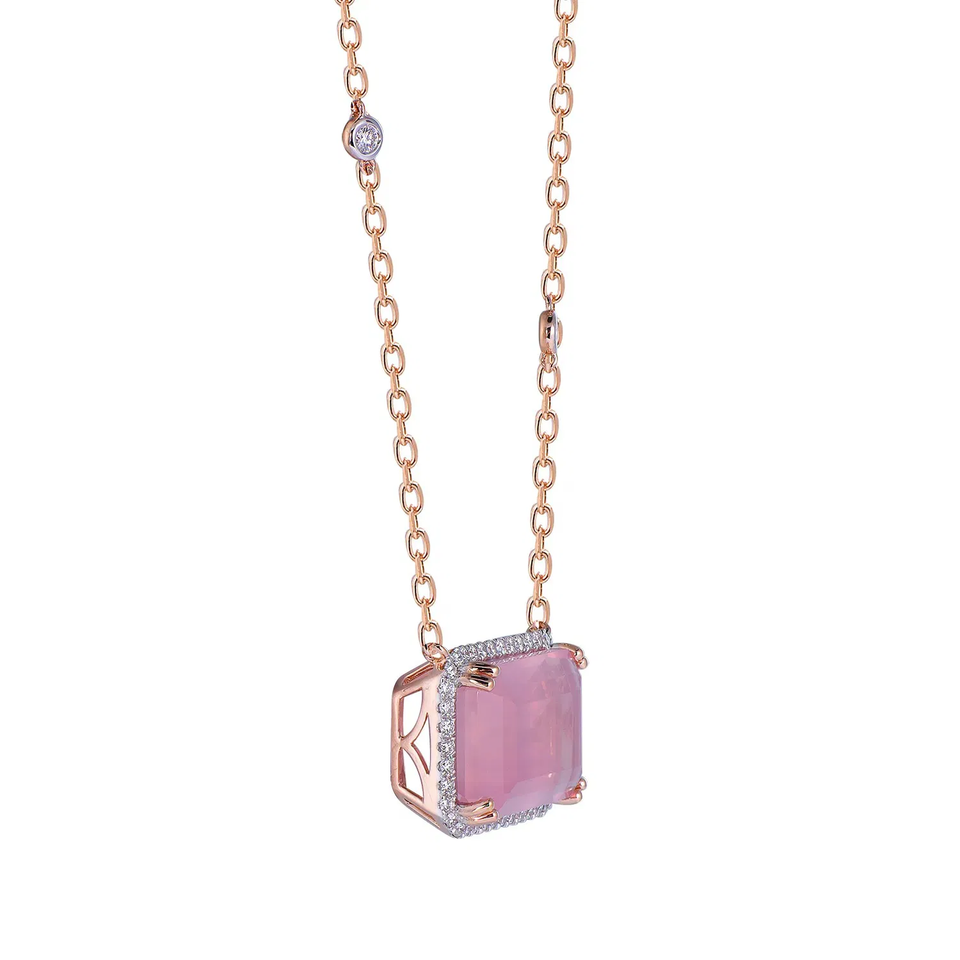Rose Quartz Octagon Cut Necklace with Diamonds(0.28 ct.tw)