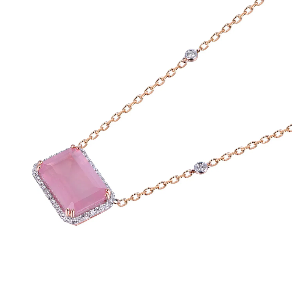 Rose Quartz Octagon Cut Necklace with Diamonds(0.28 ct.tw)