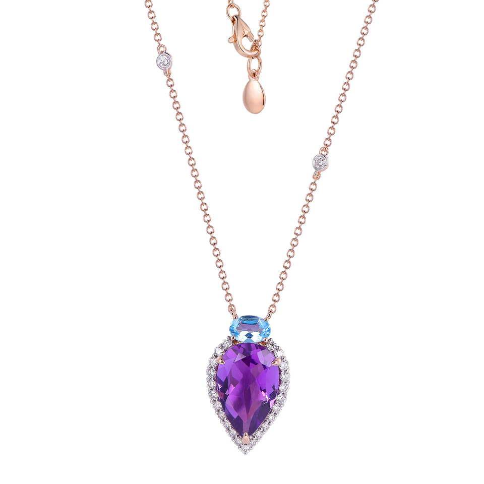 18K Rose Gold Pear Cut Amethyst and Swiss Blue Topaz Accent with 1/3 ct.tw. Diamond Necklace